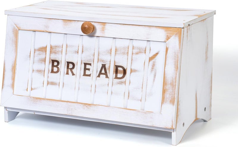 DAOYOUSKY Bamboo Bread Box for Kitchen Countertop, White Vintage Wooden Counter Breadbox, Single Layer Rustic Wood Large Capacity Bread Storage Container Bin - Image 1